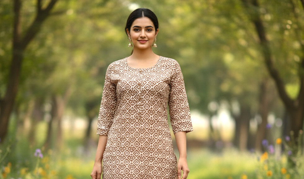 Cotton Exclusive beige geometric printed pure cotton straight kurta with round neckline and three-quarter sleeves.