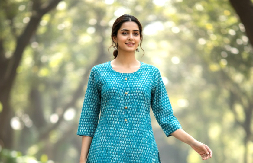 Cotton Exclusive turquoise printed pure cotton kurta featuring button-front detailing, round neckline, & three-quarter sleeve