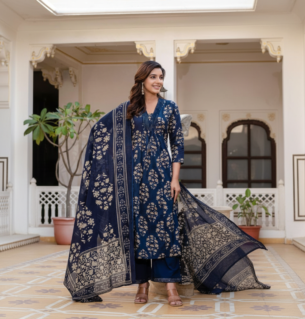 Anarkali-style long flared kurta for an elegant, flowy silhouette.All-over traditional floral block print with gathered pleat