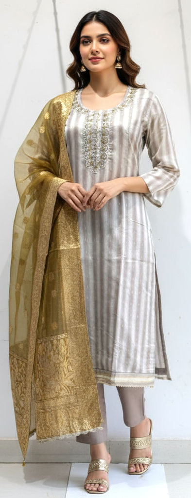 Cotton Exclusive Silver-Grey Chanderi Cotton Kurta with Lining, Salwar and Golden Dupatta