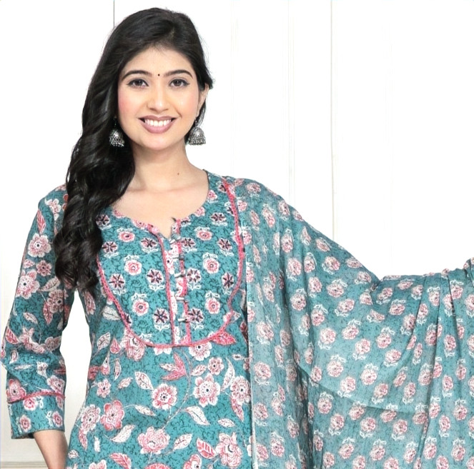 Cotton Exclusive Muted grey and rose-pink cotton salwar suit with floral prints, straight kurta, tapered pants, & Dupatta