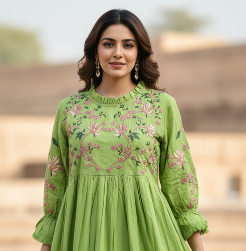 Cotton Exclusive's Pistachio Green Floral EmbroideredLong Ankle length Dress  | Cotton Exclusive