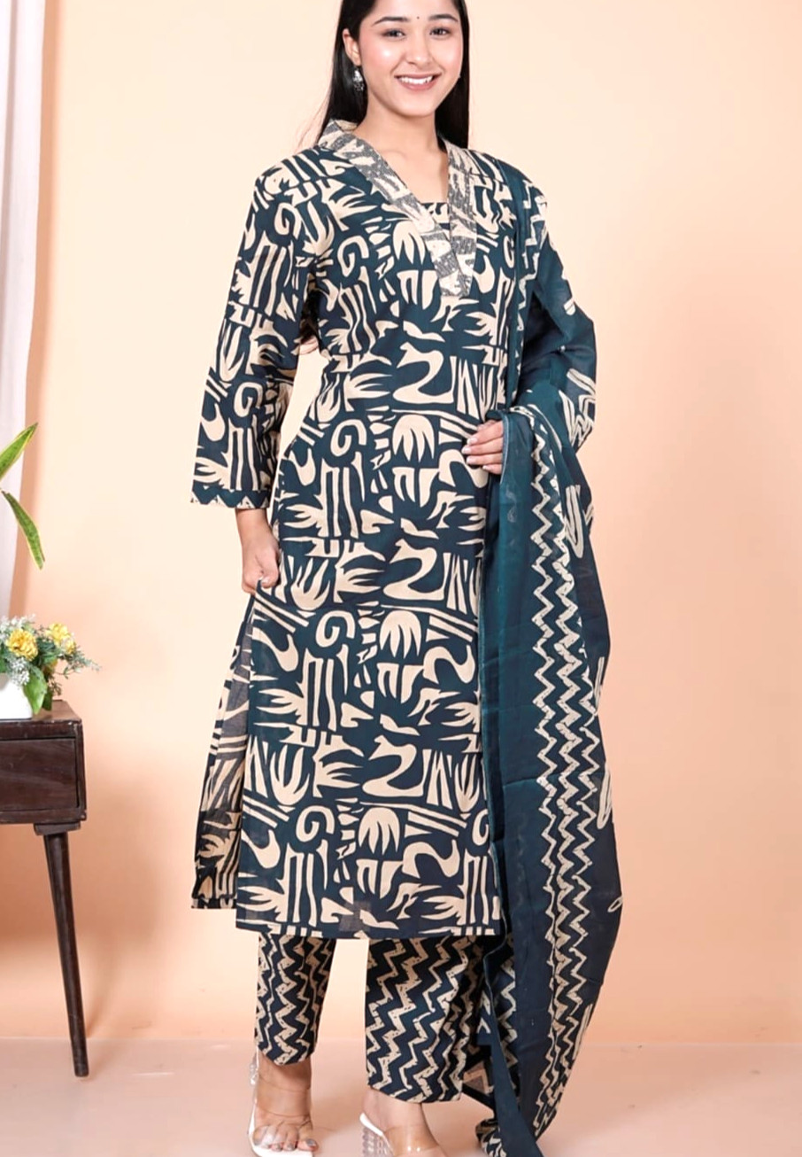 Cotton Exclusive pure cotton kurta, salwar & dupatta set in deep teal and beige print. Perfect for work,casual & festive Wear