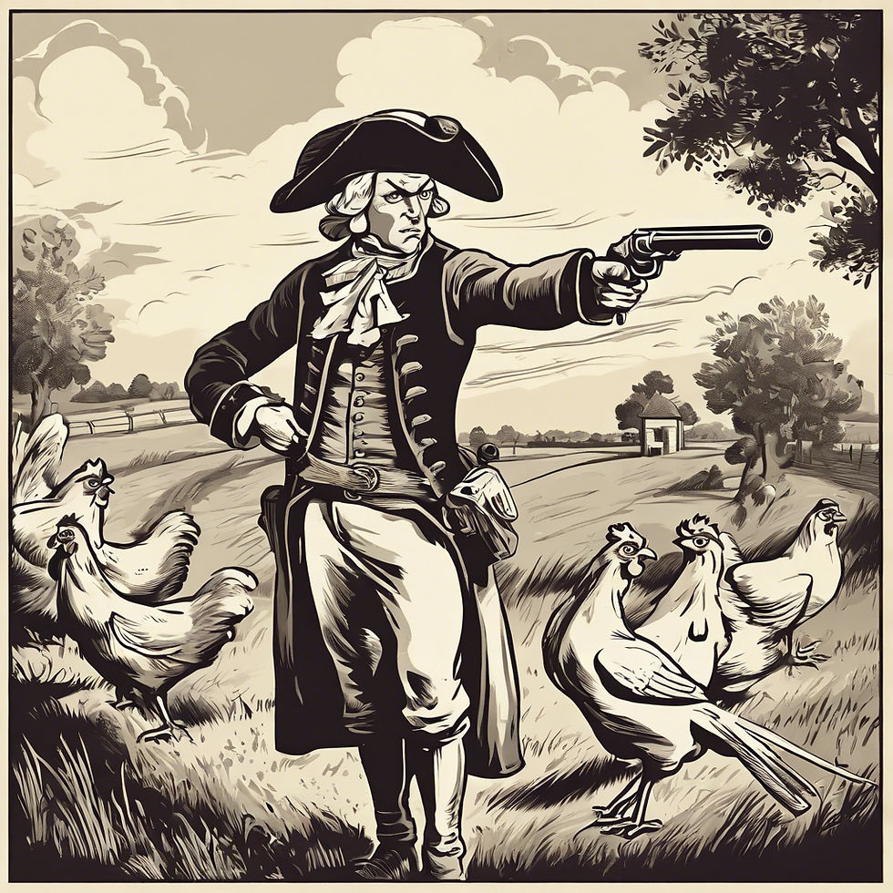 Me: AI, please create an image of Dick Turpin shooting a chicken. AI: Why shoot a chicken when you can strike a pose with one?