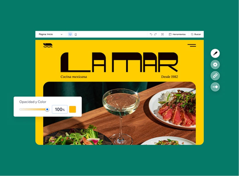 Página web de marca Lamar de cocina mexicana. Una copa de agua junto a tres platos de comida sobre una mesa. Un editor de color anaranjado que edita el color de fondo.