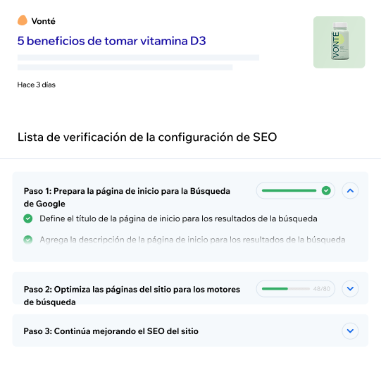 Lista de verificación de SEO dentro de un editor de sitio web.