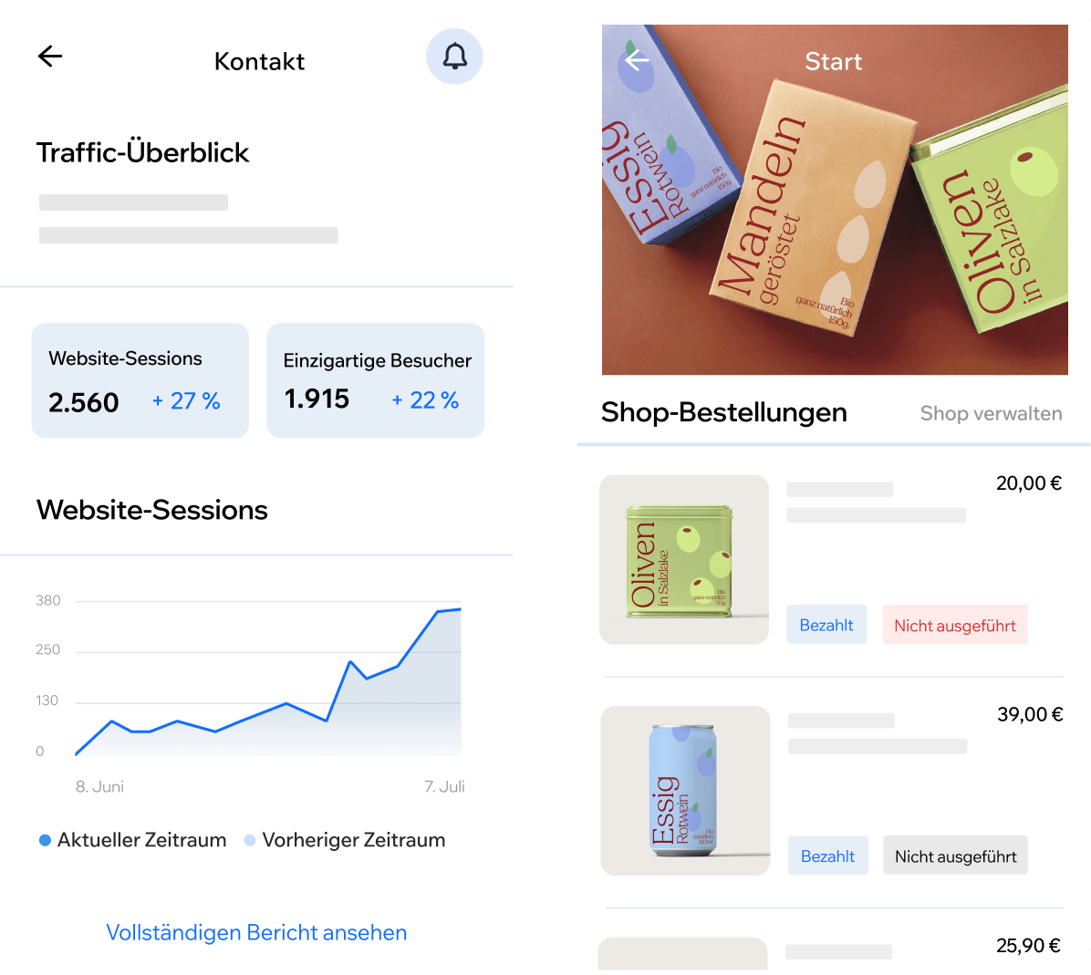 Links: Eine Übersicht in der Wix App zeigt den Traffic einer Website. Rechts: Eine Bestellübersicht für einen Online-Shop in der Wix App.