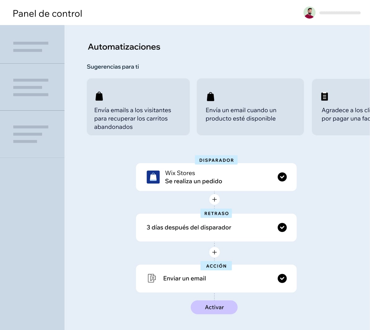 Panel de control del usuario para la creación de automatizaciones.