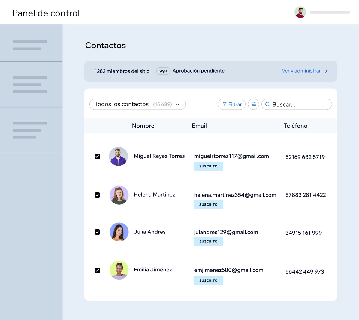 Gestión de CRM en la plataforma de creación de sitios Wix.
