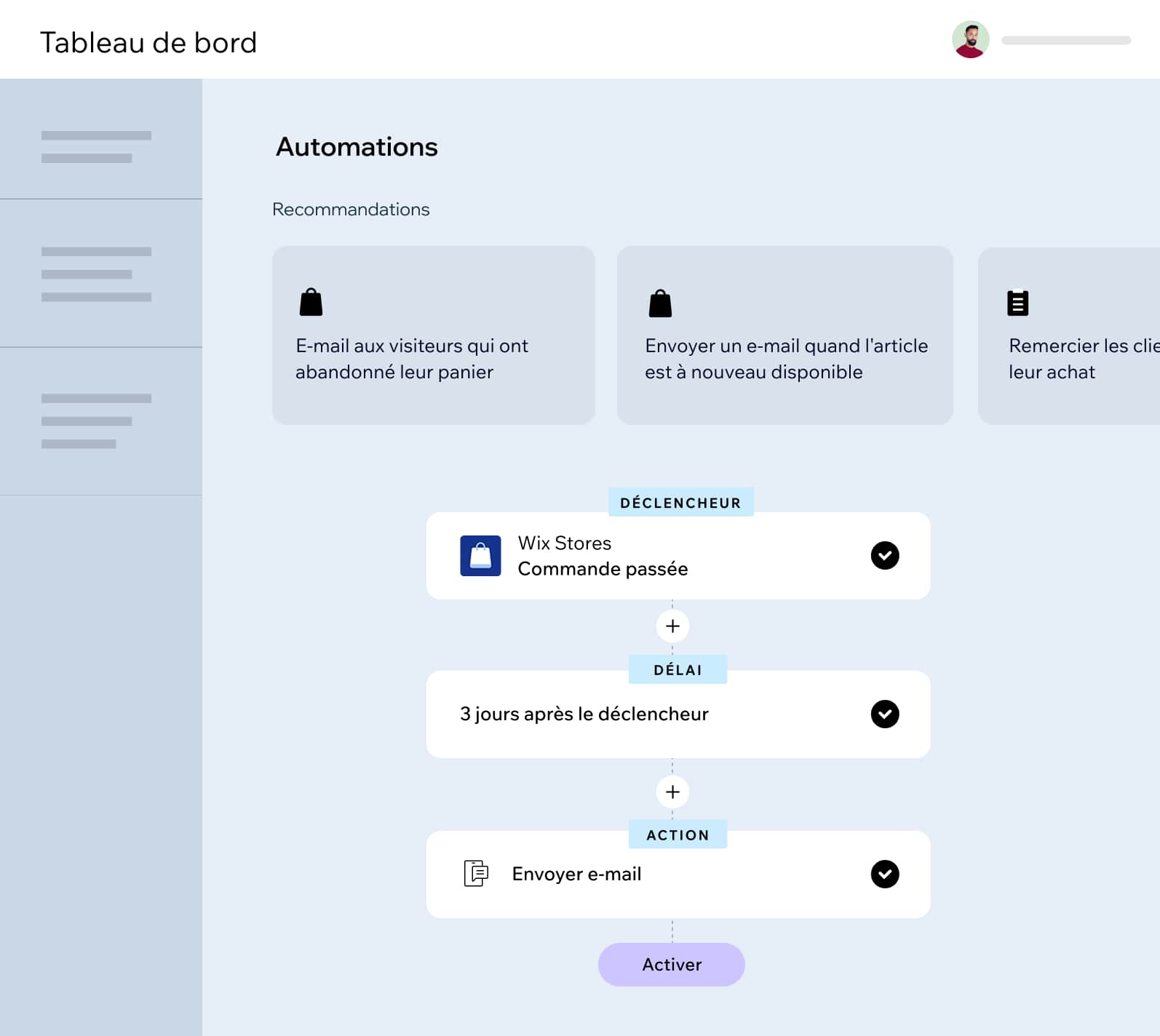 Tableau de bord utilisateur pour la création d’automatisations