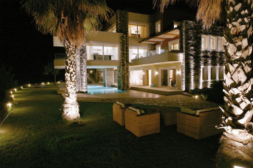 Night photo of the garden of Villa Marina in ELOUNDA CRETE