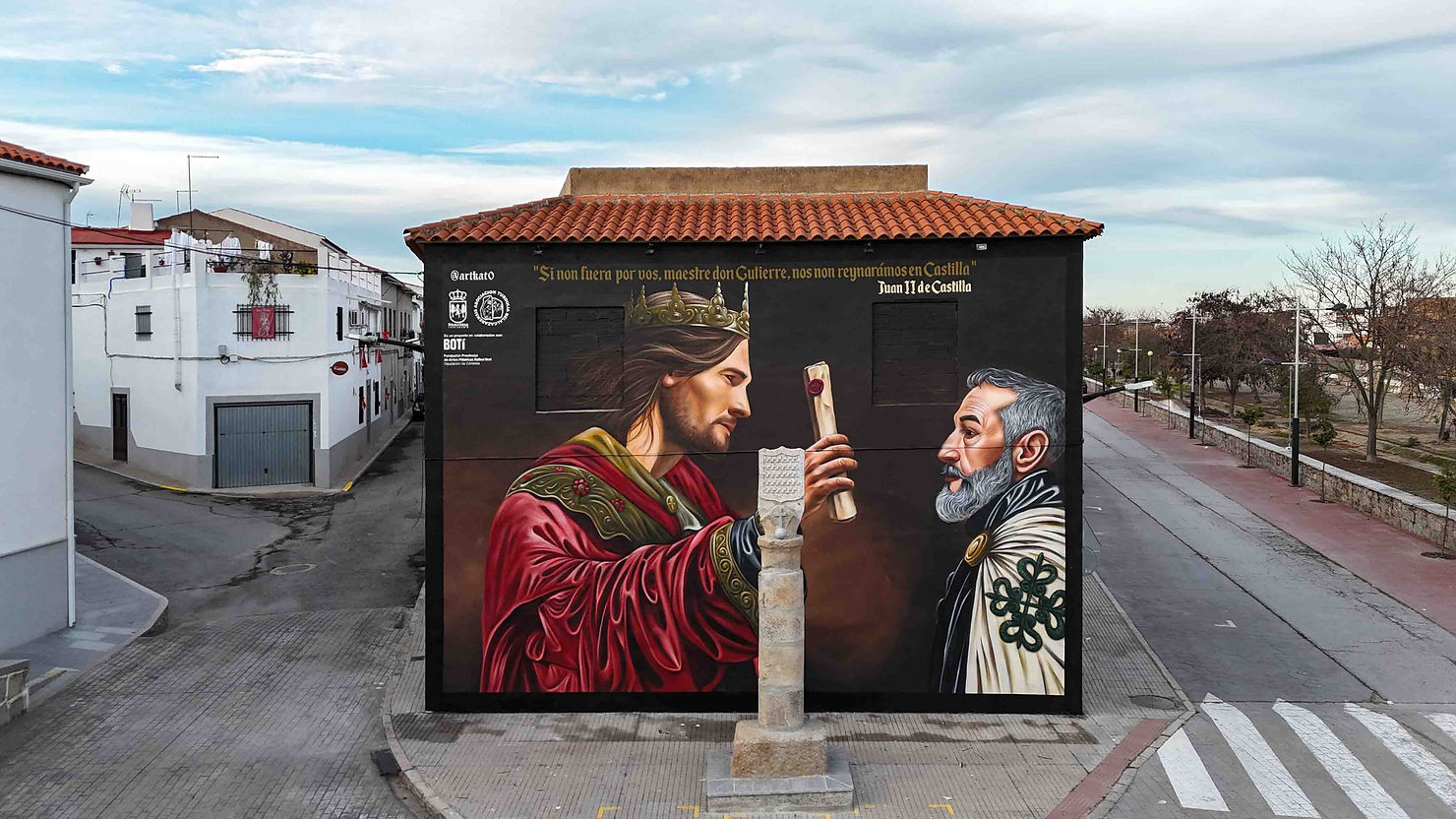 Mural artístico. Kato. Grafiti. Arte contemporáneo. Historia. Belalcázar. Asociación cultural Turdulia. Gutierre de Sotomayor. Juan II de Castilla. Rollo jurisdiccional de la villa. Gahete. Fotografía. Imagen. Fundación Botí. Asociación cultural Turdulia. Córdoba.