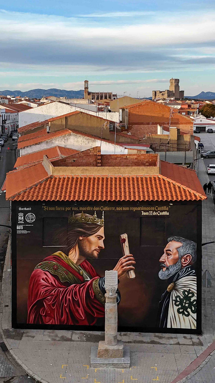 Mural artístico. Kato. Grafiti. Arte contemporáneo. Historia. Belalcázar. Asociación cultural Turdulia. Gutierre de Sotomayor. Juan II de Castilla. Rollo jurisdiccional de la villa. Gahete. Fotografía. Imagen. Fundación Botí. Asociación cultural Turdulia. Córdoba.