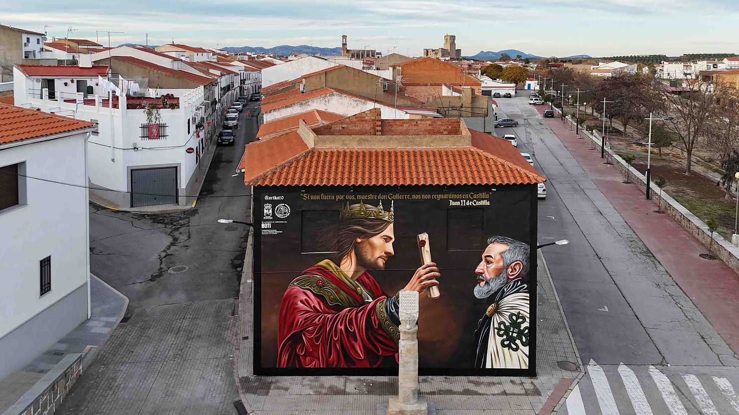 Mural artístico. Kato. Grafiti. Arte contemporáneo. Historia. Belalcázar. Asociación cultural Turdulia. Gutierre de Sotomayor. Juan II de Castilla. Rollo jurisdiccional de la villa. Gahete. Fotografía. Imagen. Fundación Botí. Asociación cultural Turdulia. Córdoba.