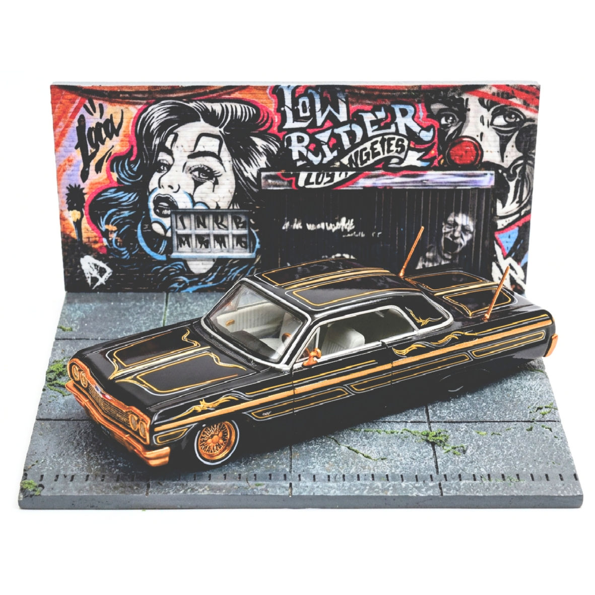 Black Chevy Impala Lowrider Diecast Model Car and LA Street Art Diorama Bundle