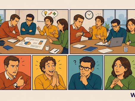 Equipo profesional de marketing, comercial, operaciones y calidad conversando sobre cuatro estilos de comportamiento en una reunión de trabajo.