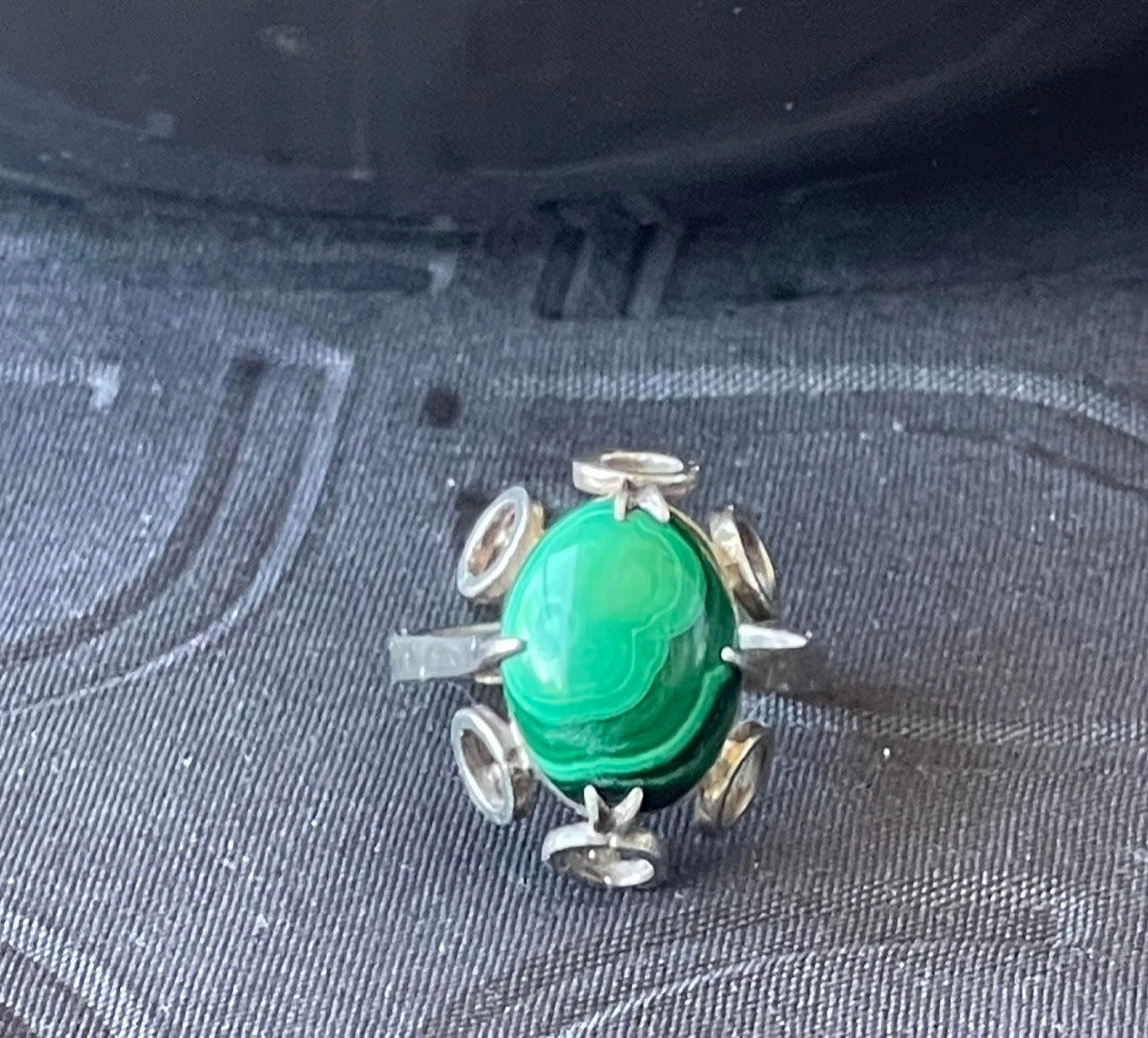 1960's Vintage Green Malachite Minimalist Sterling Silver Ring