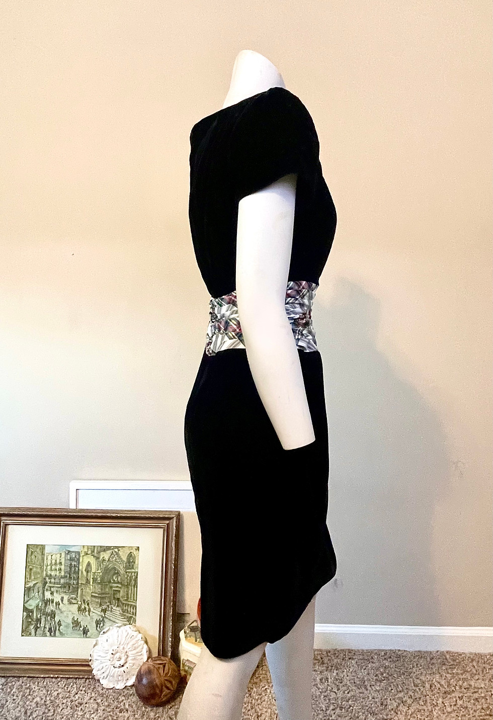 Thumbnail: 1980's Vintage Black Velvet Hour Glass Dress with Plaid Contrast Waist