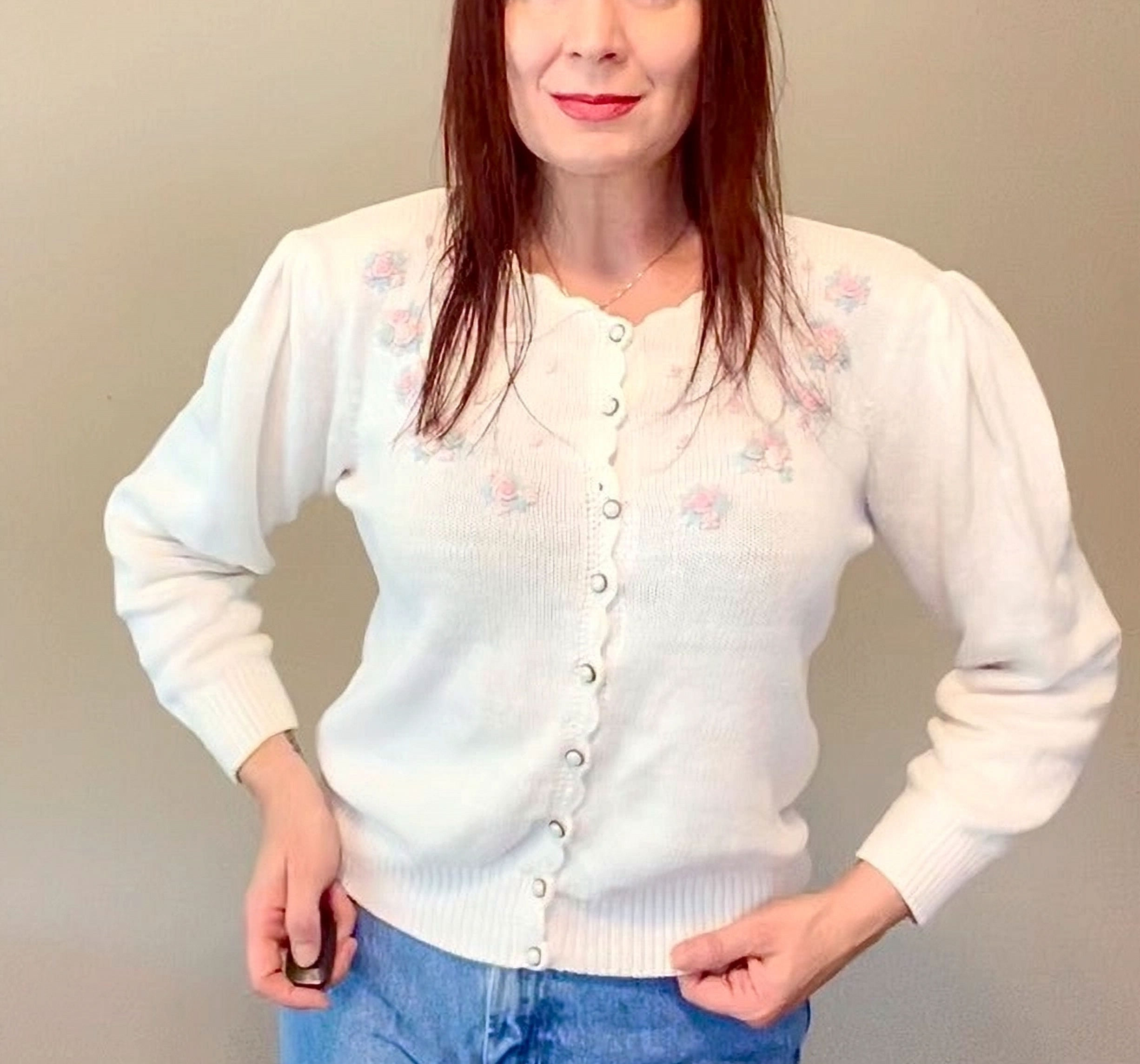 1980's Roses and Cream Puff Sleeve Cardigan