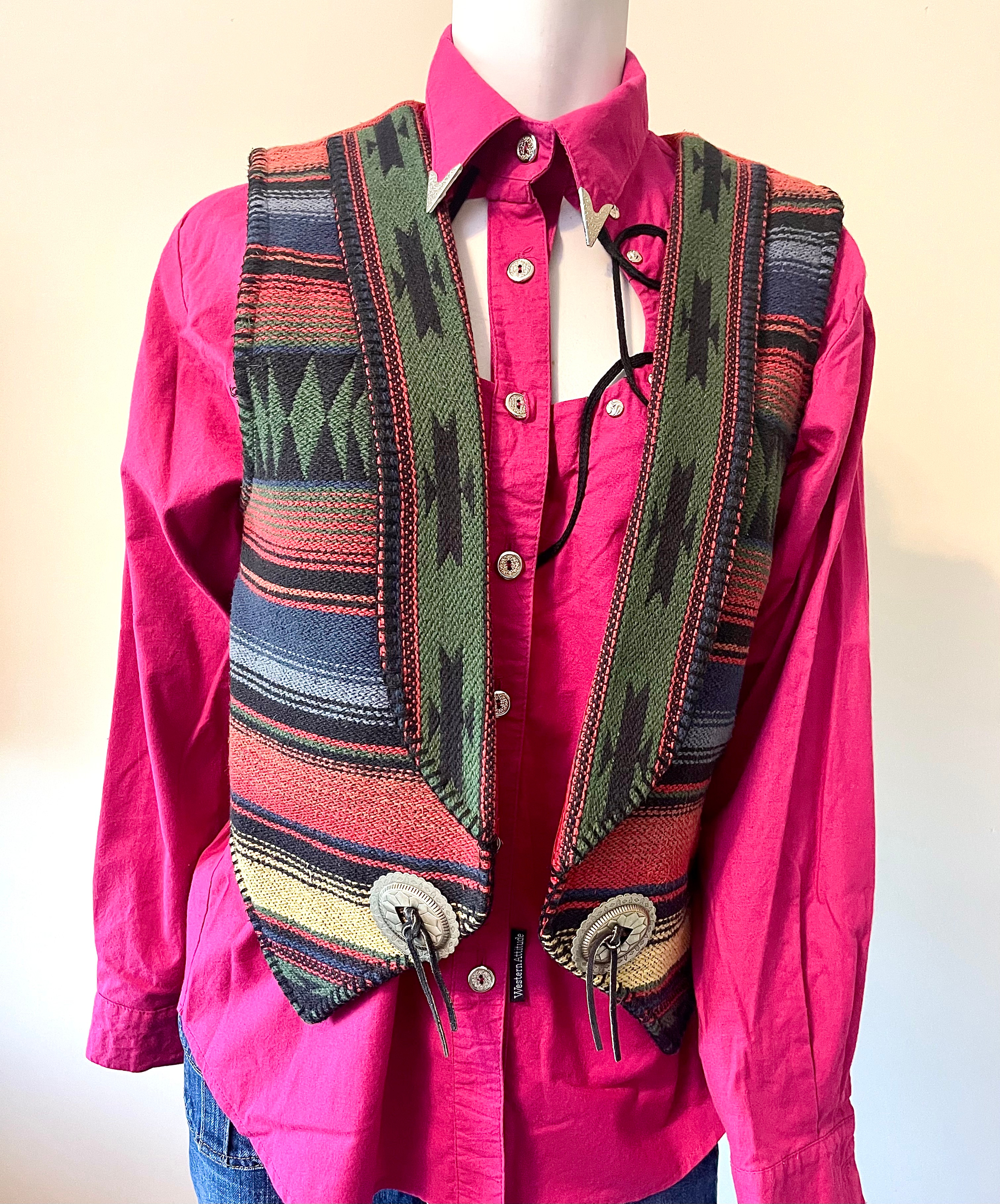 1980's Western Woven Carpet Vest with Conchos-Medium