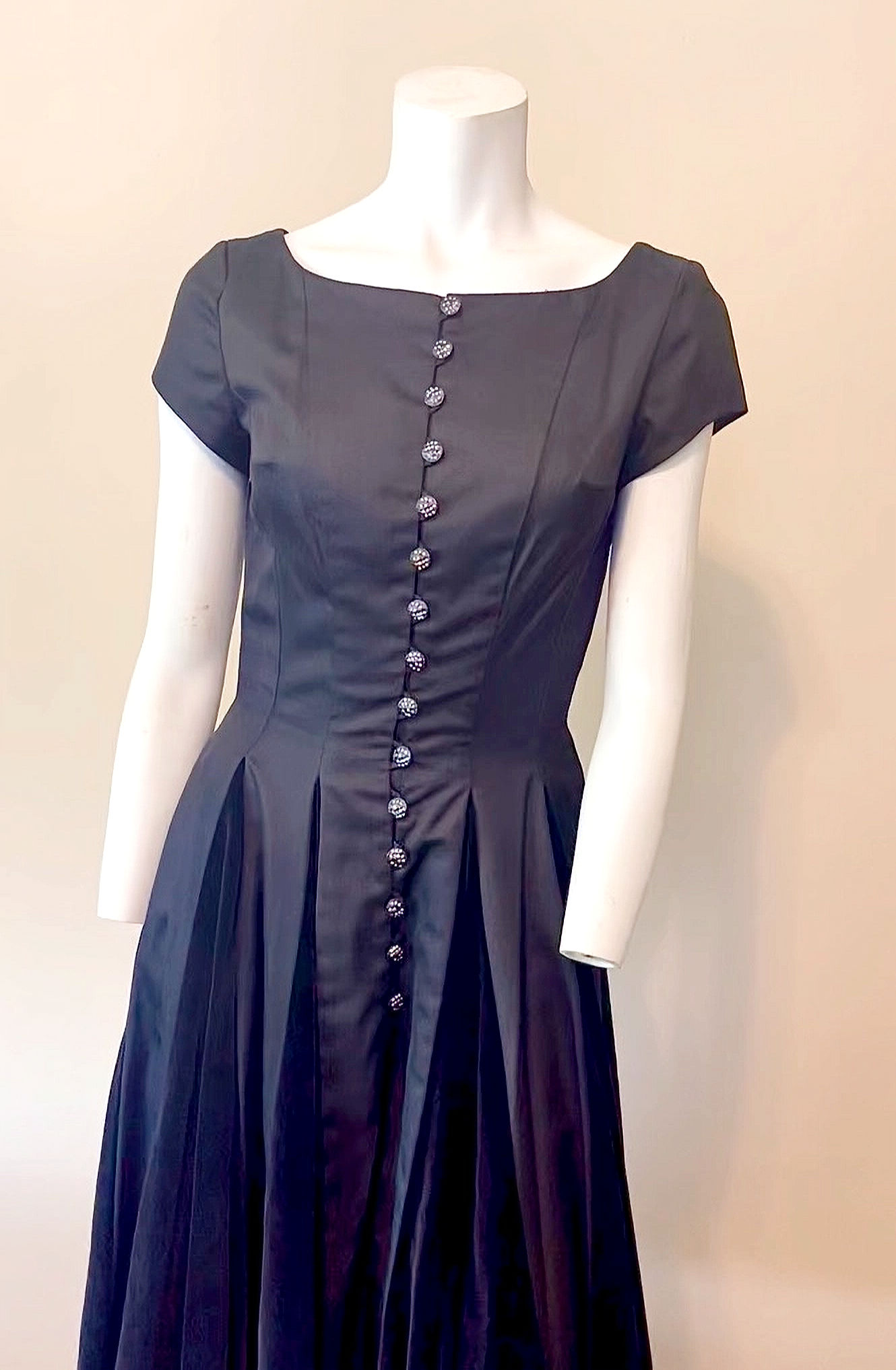 1950's vintage Black Party Dress with sweeping velvet skirt and glass buttons