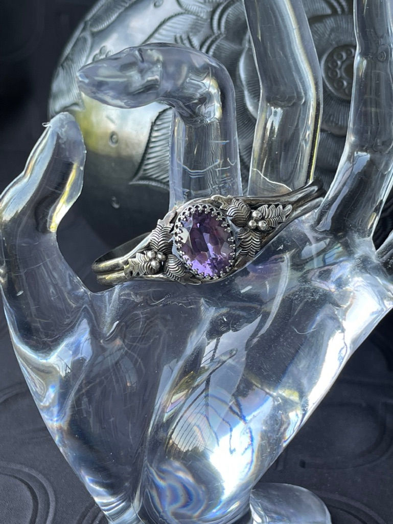 Thumbnail: Vintage Native American Amethyst Sterling Silver Cuff Bracelet