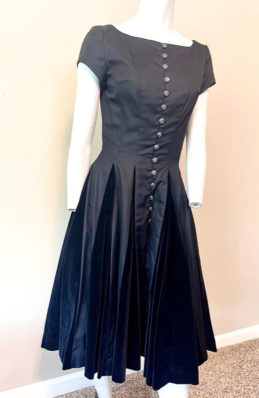 Thumbnail: 1950's vintage Black Party Dress with sweeping velvet skirt and glass buttons