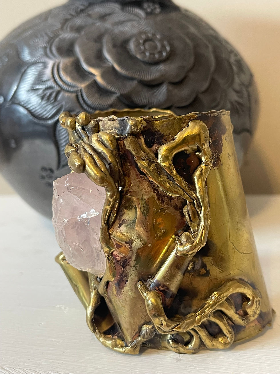 Thumbnail: 1970's Vintage Carvalhu's Brazil Brutalist Brass and Crystal cuff bracelet-Huge