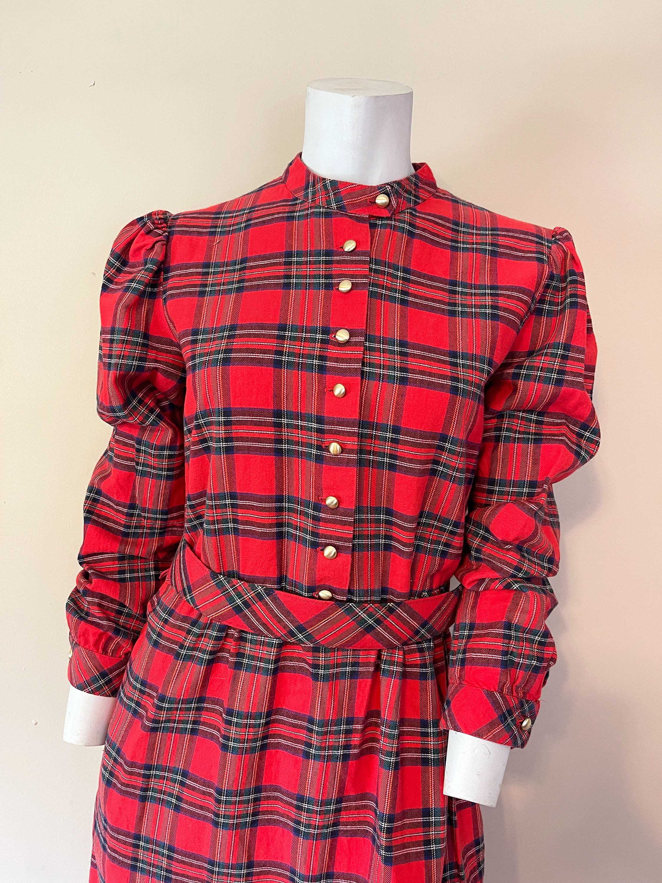 Vintage 1970's Dress, Lanz Long Sleeve Red Plaid Preppy Cotton Dress-Medium