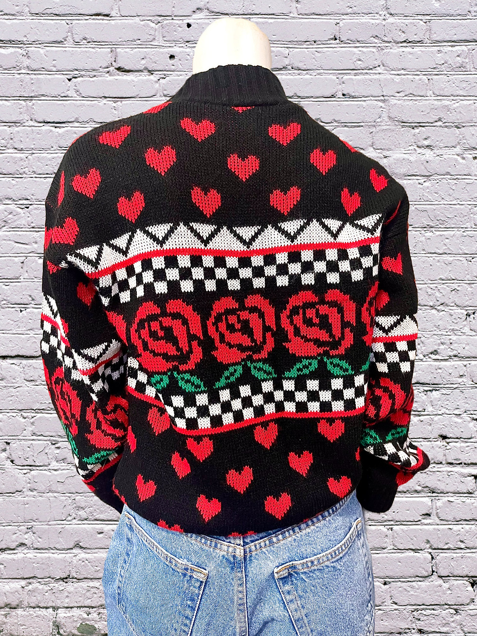 Thumbnail: 1980's Vintage Graphic Sweater, Roses and Hearts, Red, Black & White