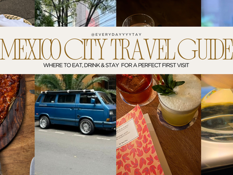 Mexico City travel guide collage with food, cocktails, a blue van, and trees. Text: "Where to eat, drink & stay for a perfect first visit."