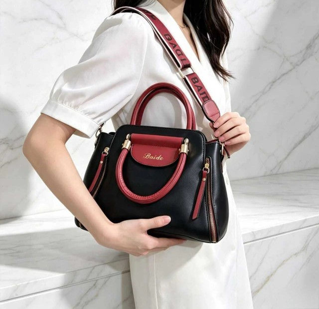 Miniatura: Cartera ecocuero bicolor, con correa regulable