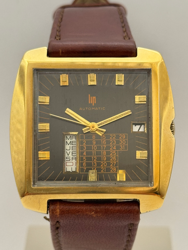 Montre Bracelet Homme Vintage LIP Calendrier - Mécanique à Remontage Manuel, Boîtier Plaqué Or, Occasion