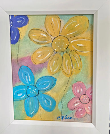 cathy kline local artist columbia sc painting called flower power painting of pink blue yellow floral pattern 