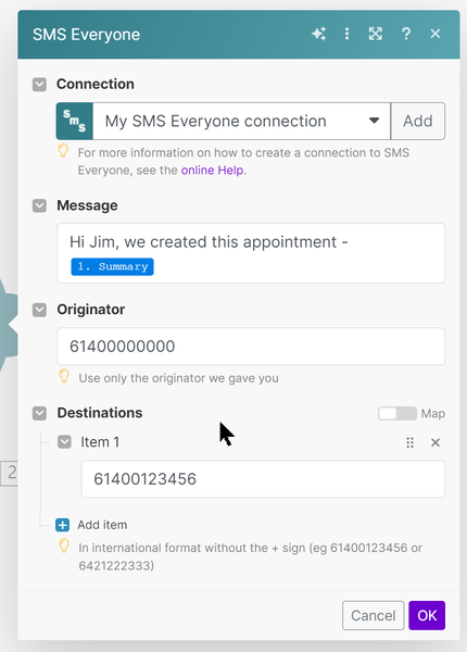 SMS Destinations in make