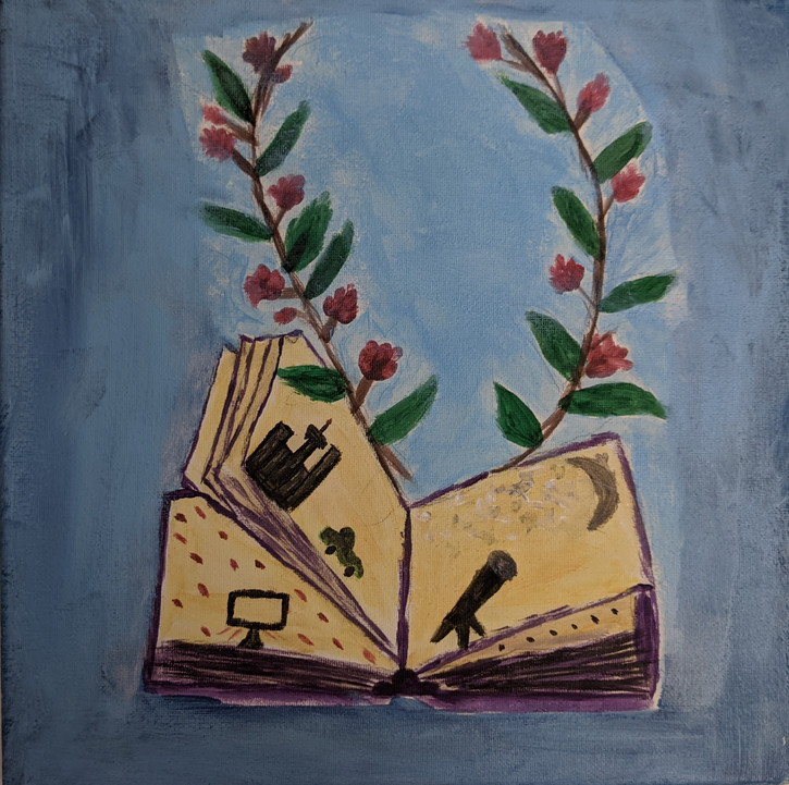 A painting of a book with floral vines in the background.