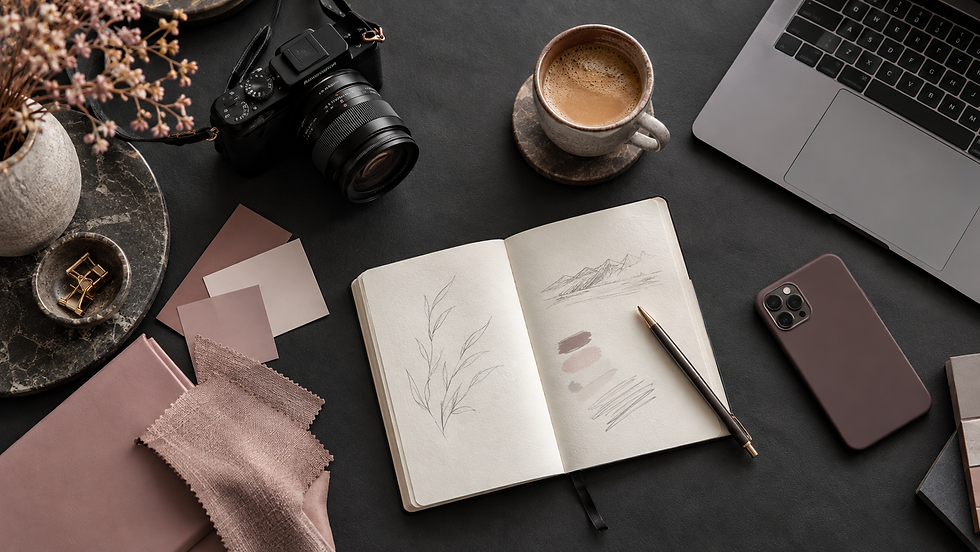 Camera, laptop, smartphone and design materials representing marketing content and creative tools.