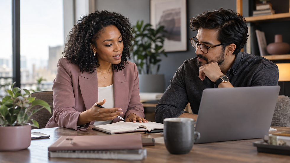 Two business professionals discussing a marketing plan beside a laptop and notebook.