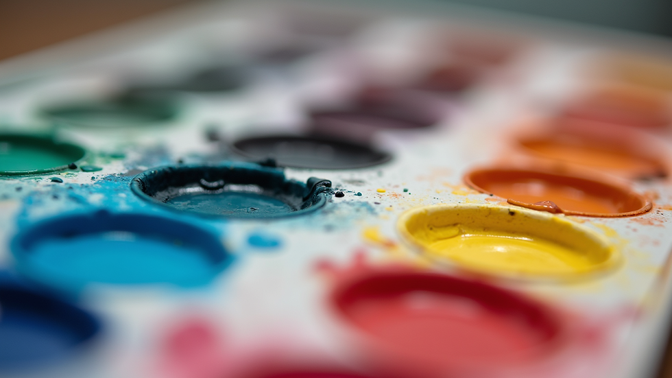 Eye-level view of watercolor palette with vibrant paint colors