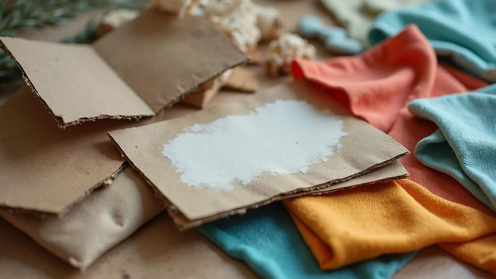 Close-up of recycled materials like cardboard and fabric scraps arranged for an art project