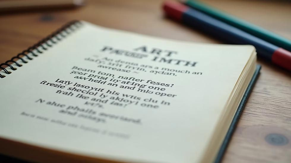 High angle view of a sketchbook open to a themed art prompt with colored pencils nearby