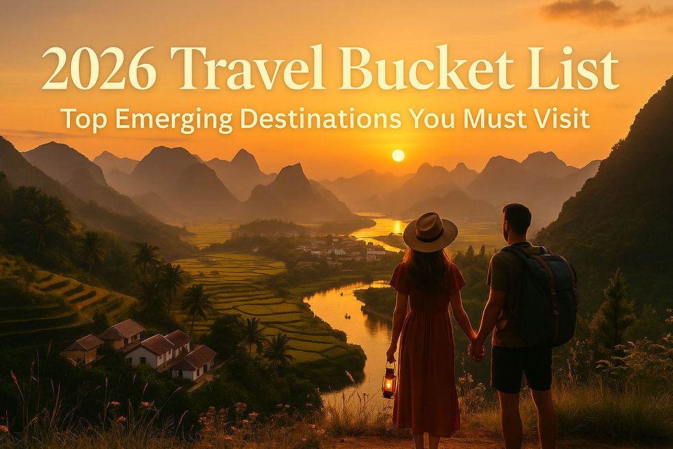 A cinematic sunset view of a couple overlooking lush green rice terraces and misty mountains, holding hands while exploring an exotic destination — symbolizing romantic adventure and wanderlust for Ishwa Holidays’ 2026 travel bucket list.