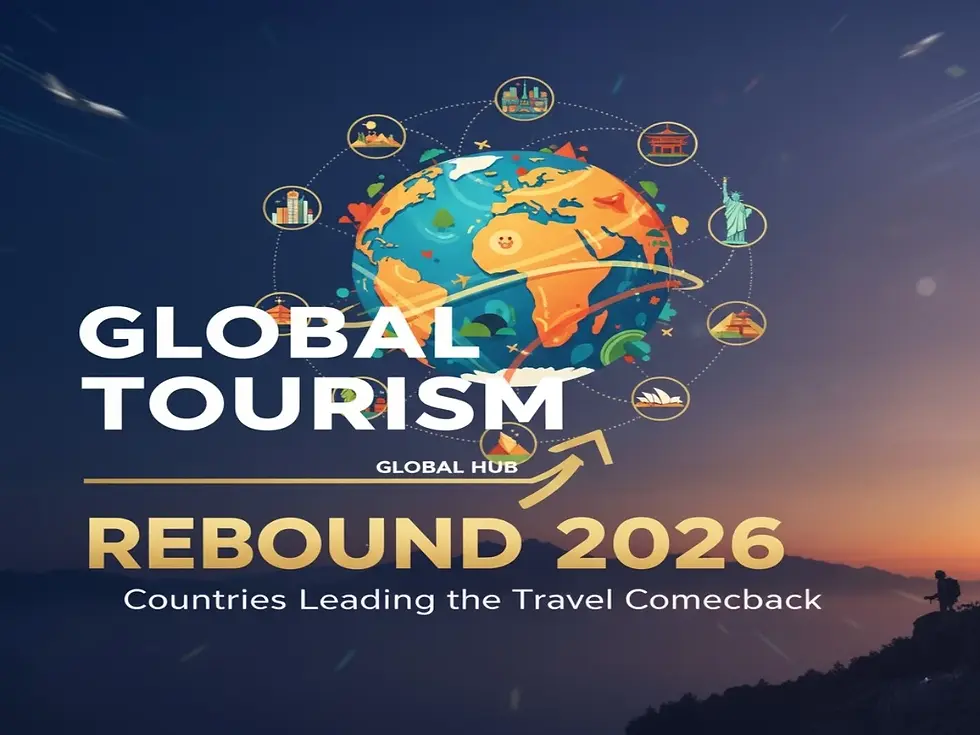 Illustration showing global tourism rebound in 2026 with a connected world map and iconic landmarks, representing leading travel destinations driving the global travel comeback.