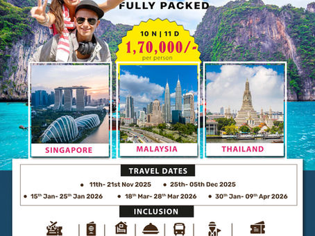 Couple enjoying vacation with scenic background of Singapore, Malaysia, and Thailand landmarks promoting Ishwa Holidays group tour 2025–26