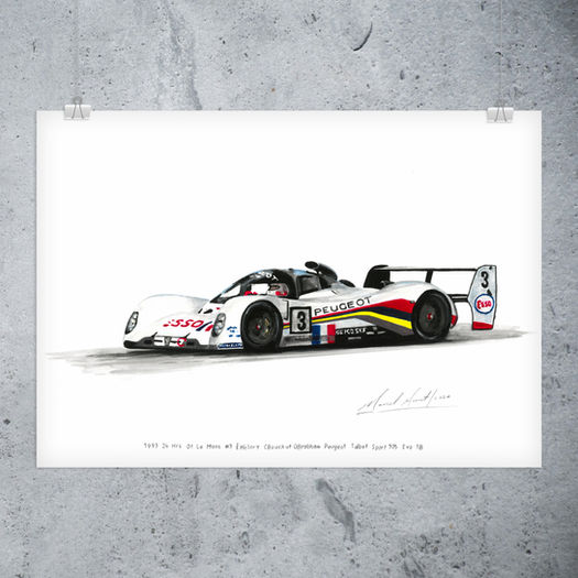 1993 24 Hours of Le Mans #3 Éric Hélary Christophe Bouchut and Geoff brabham Peugeot 905 EVO1B, painted by Marcel Auret. Hand painted artworks and prints for sale!
