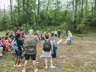 Children, teachers, and chaperones gathered for a field trip at Bowers Farm