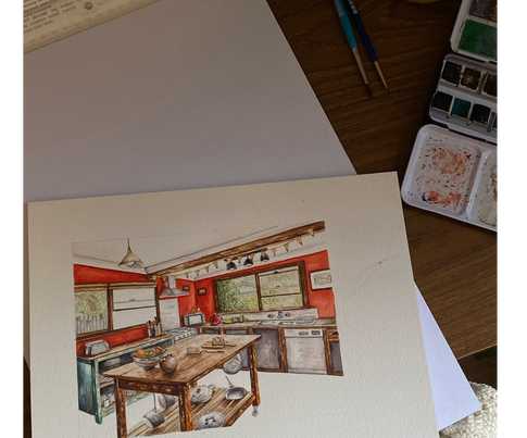 Custom original watercolour artwork of kitchen