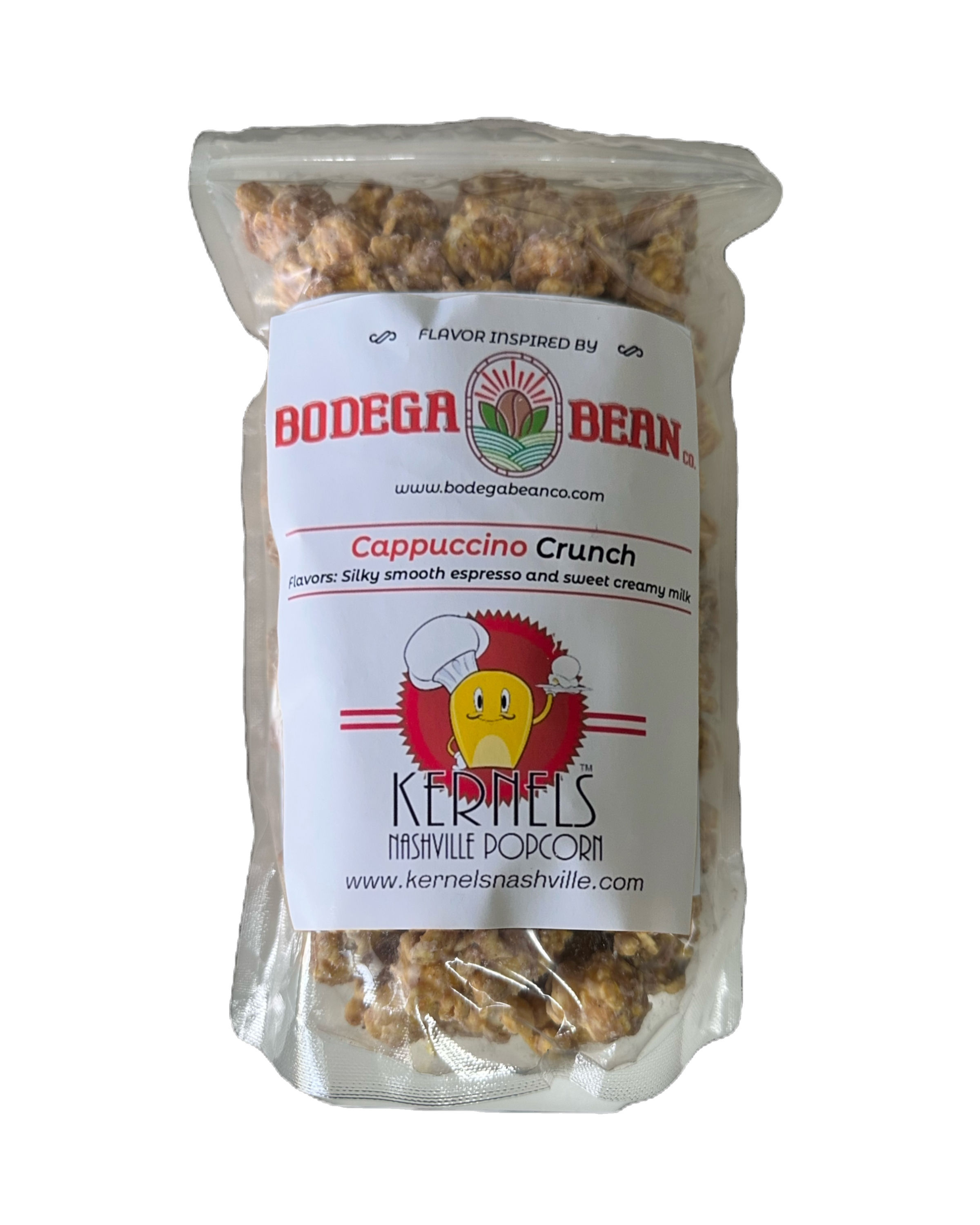 Indulging rich, espresso-coded popcorn with a sweet crunch, cappuccino crunch, a gourmet delight!