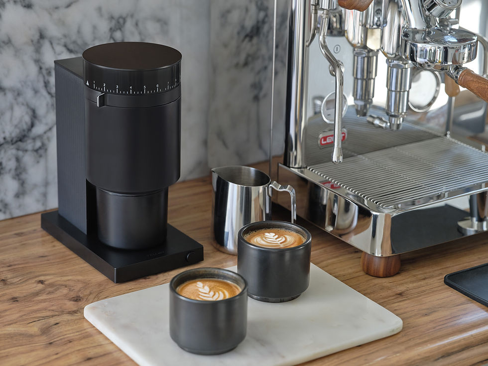 Eye-level view of electric burr coffee grinder on kitchen counter