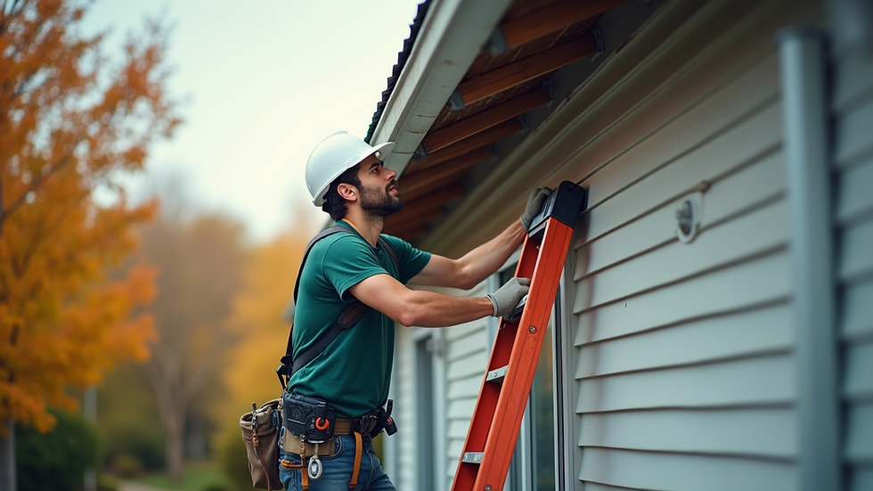 Eye-level view of a homeowner cleaning gutters with a ladder